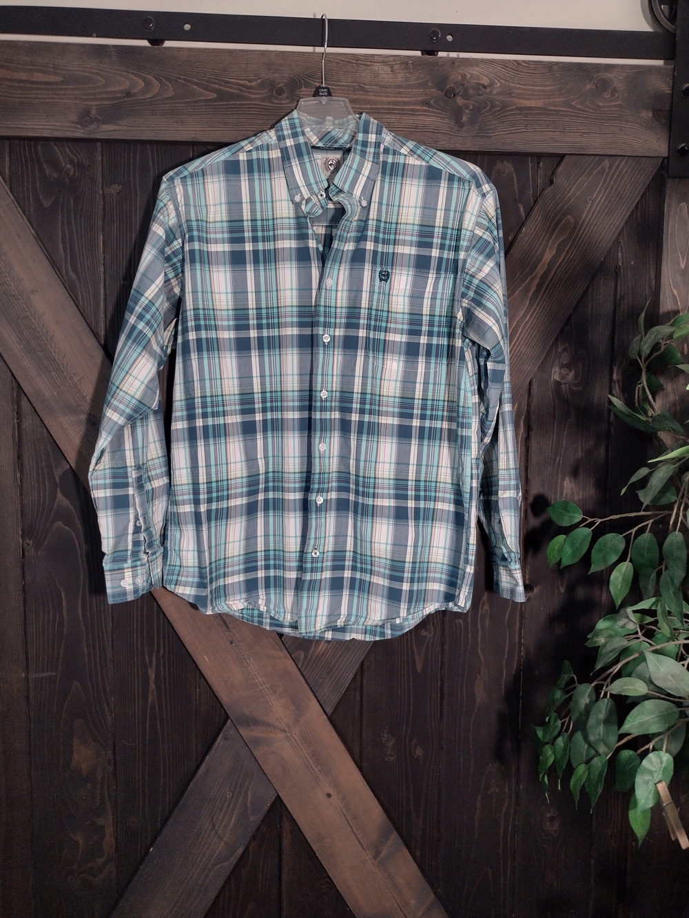 Cinch Green And Blue Plaid 100% Cotton Men's Long Sleeve Shirt Size Medium